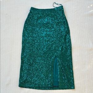 Anthropologie Mauve Emerald Green Sequin Midi Skirt with Front Slit Alicia Mauve